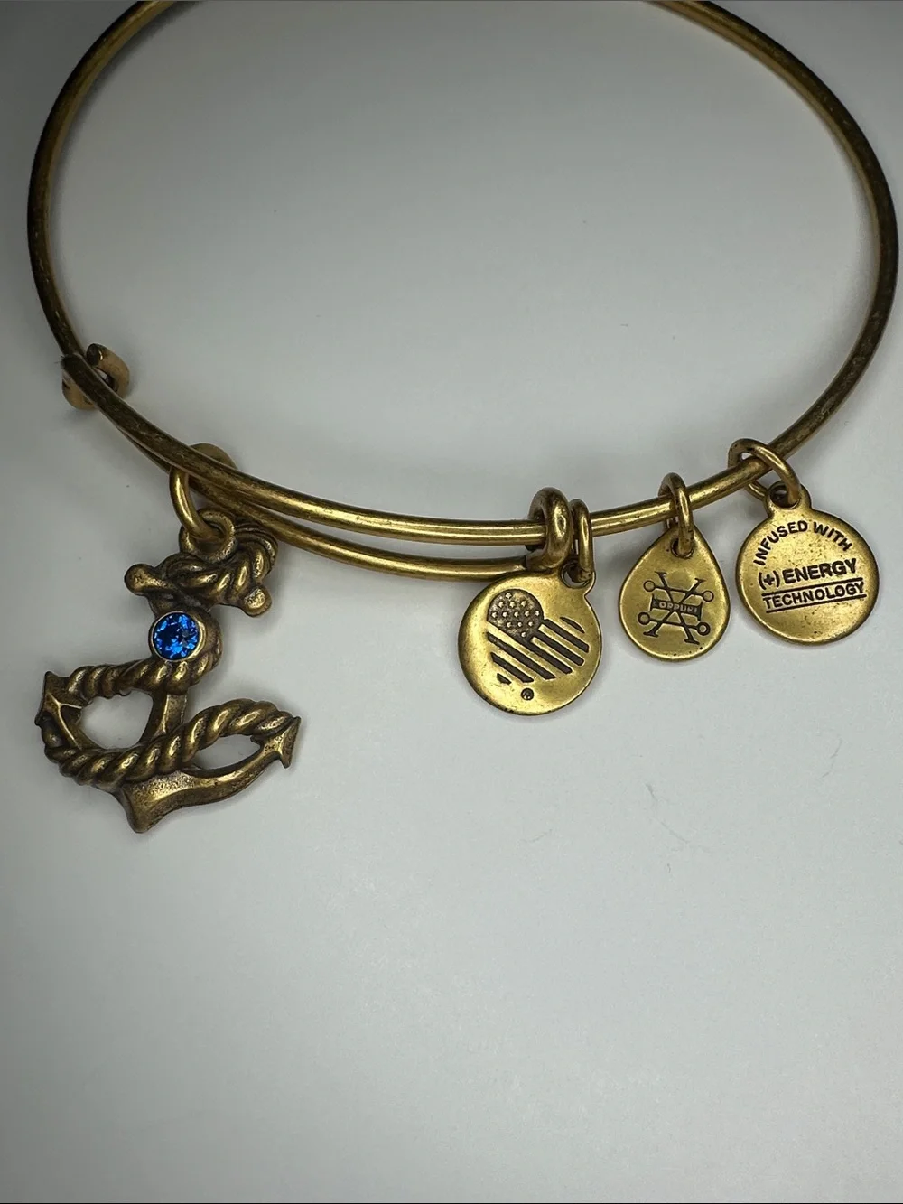 Alex and Ani Gold-Tone Anchor Charm Bangle Bracelet with Blue Crystal